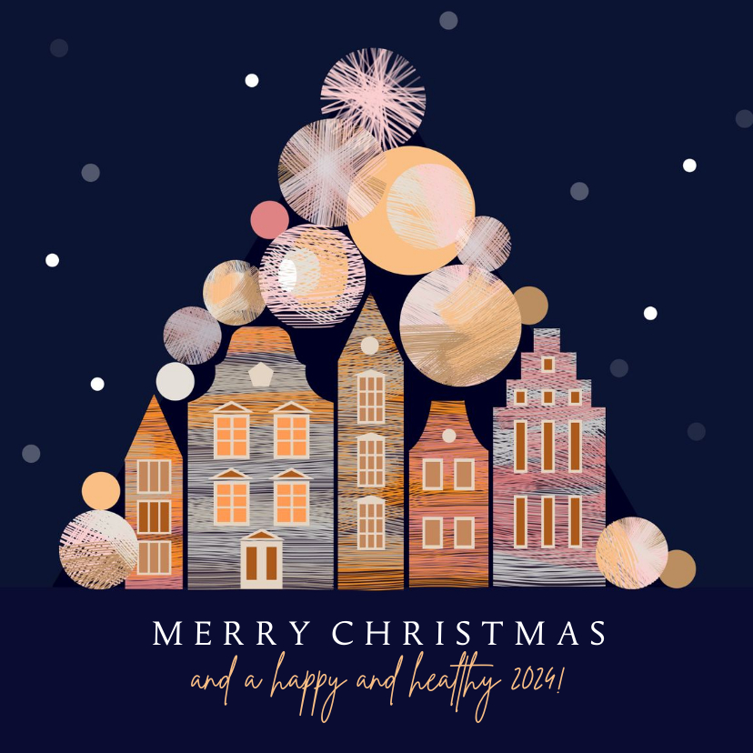 Kerstkaart met kerstballen en Amsterdam huisjes Kaartje2go