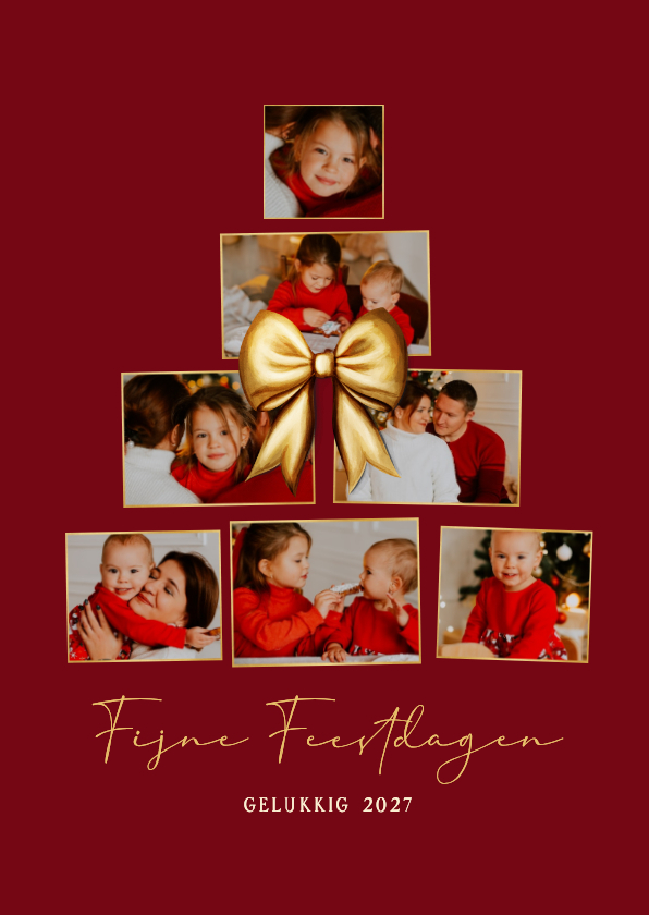 Kerstkaart met kerstboom fotocollage en gouden strik - Kerstkaarten Kerstkaarten - Kerstkaart met kerstboom fotocollage en gouden strik