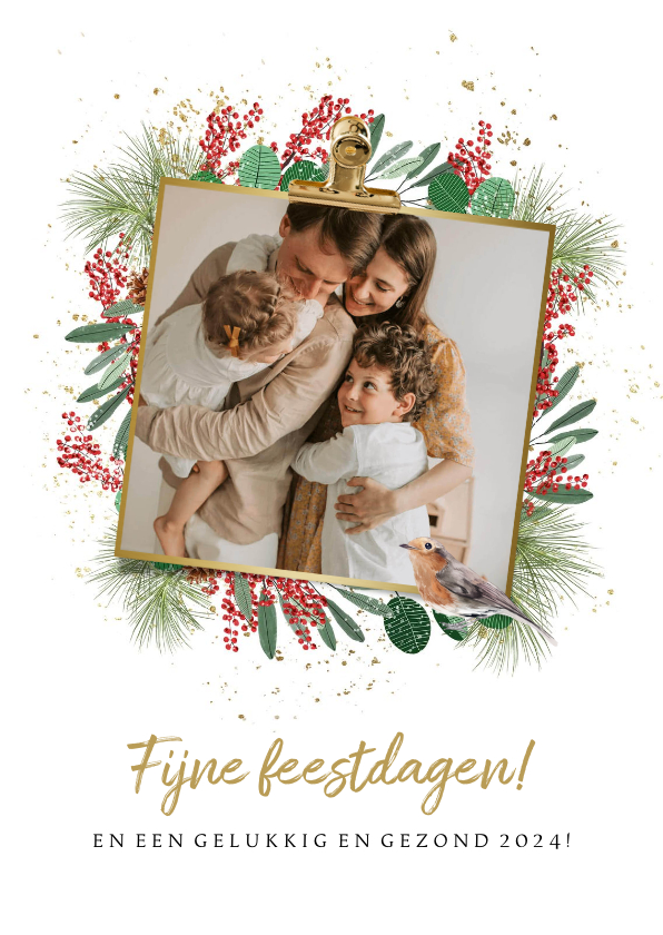 Kerstkaart met kerstkrans kersttakken vogeltje foto goud - Kerstkaarten Kerstkaarten - Kerstkaart met kerstkrans kersttakken vogeltje foto goud