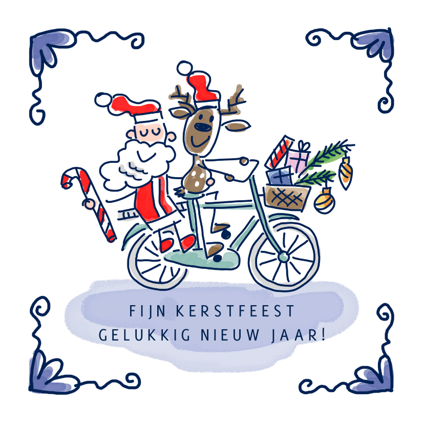 Kerstkaarten - Kerstkaart met kerstman en rendier op de fiets