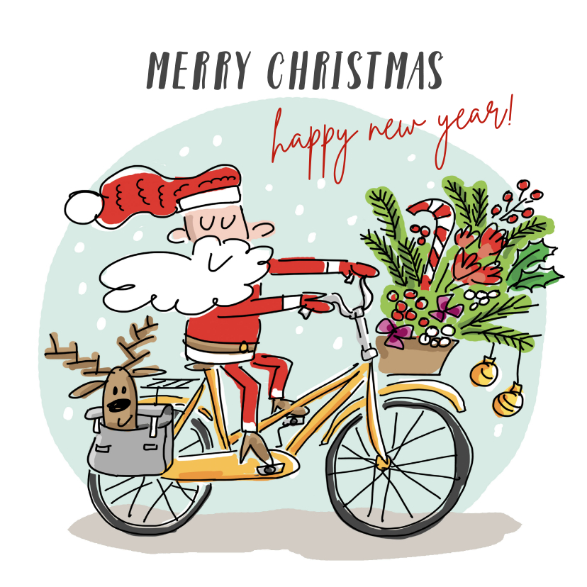 Kerstkaarten - Kerstkaart met kerstman en rendier op fiets