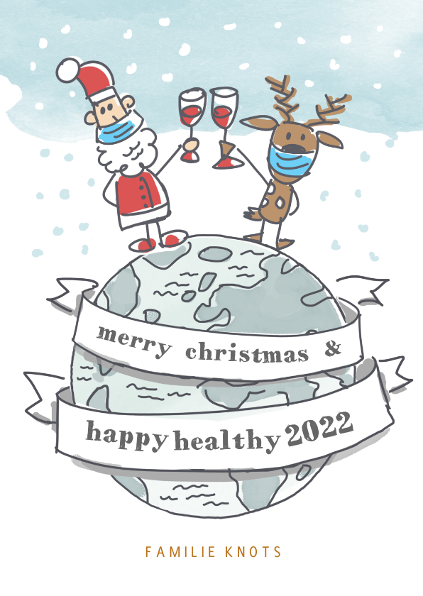 Kerstkaart met kerstman en rendier op wereldbol - Kerstkaarten Kerstkaarten - Kerstkaart met kerstman en rendier op wereldbol