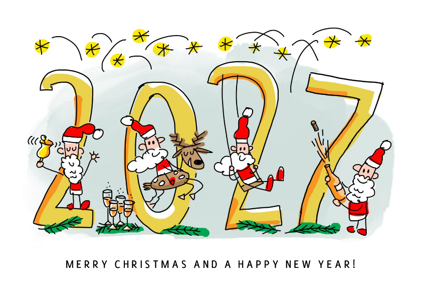 Kerstkaart met kerstmannetjes en jaartal 2027 - Kerstkaarten Kerstkaarten - Kerstkaart met kerstmannetjes en jaartal 2027