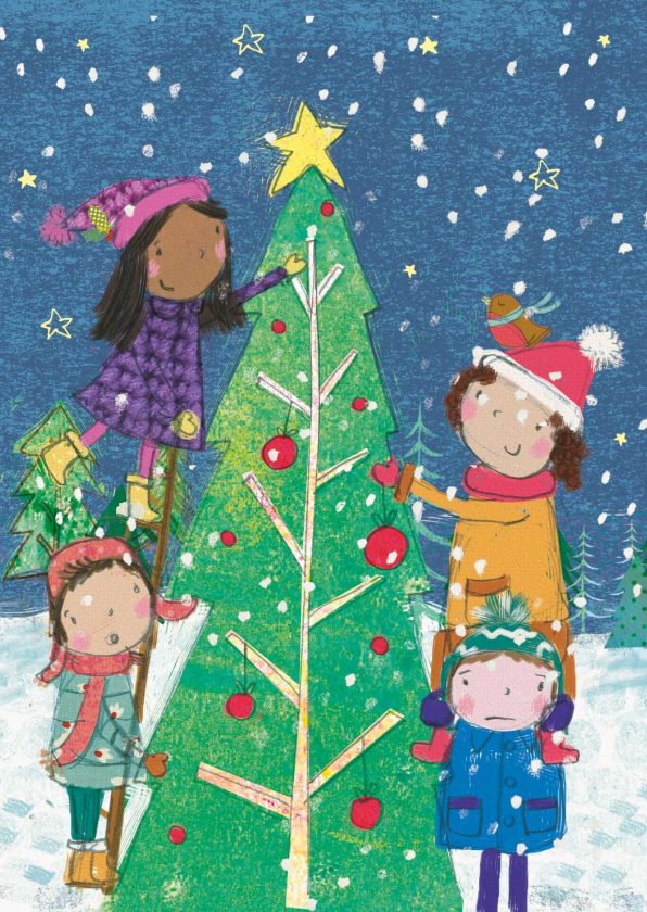 Kerstkaarten - Kerstkaart met kinderen die een kerstboom versieren