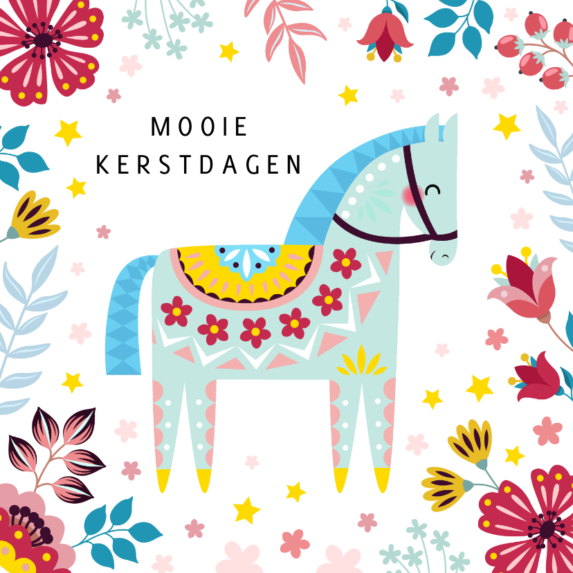 Kerstkaart met kleurrijk paard - Kerstkaarten Kerstkaarten - Kerstkaart met kleurrijk paard