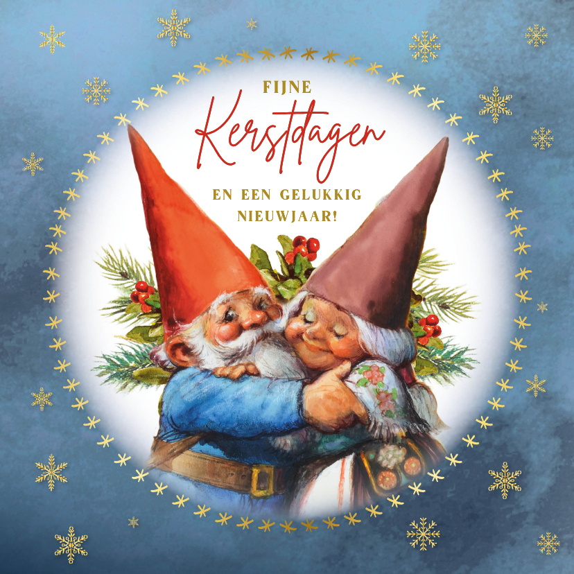 Kerstkaart met knuffelende kabouters in cirkel - Kerstkaarten Kerstkaarten - Kerstkaart met knuffelende kabouters in cirkel