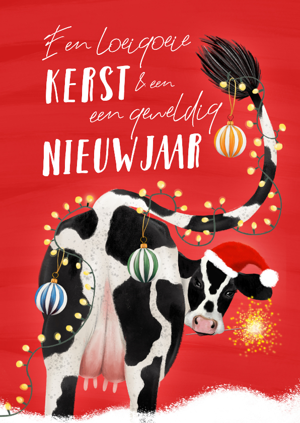 Kerstkaarten - Kerstkaart met koe en veel lichtjes