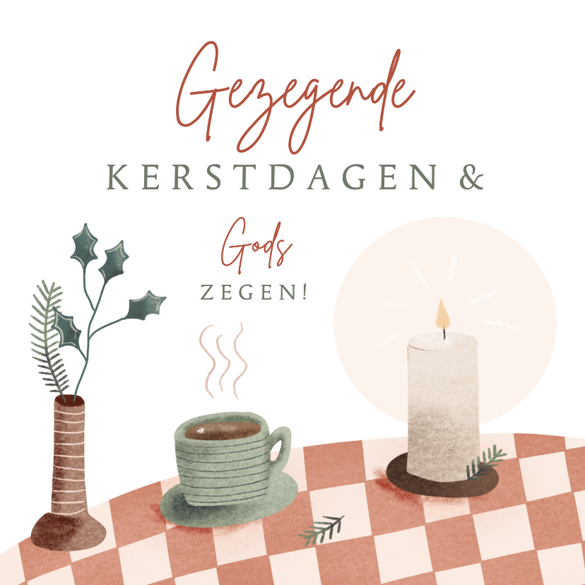 Kerstkaarten - Kerstkaart met kopje kaars en kersttak en bijbeltekst