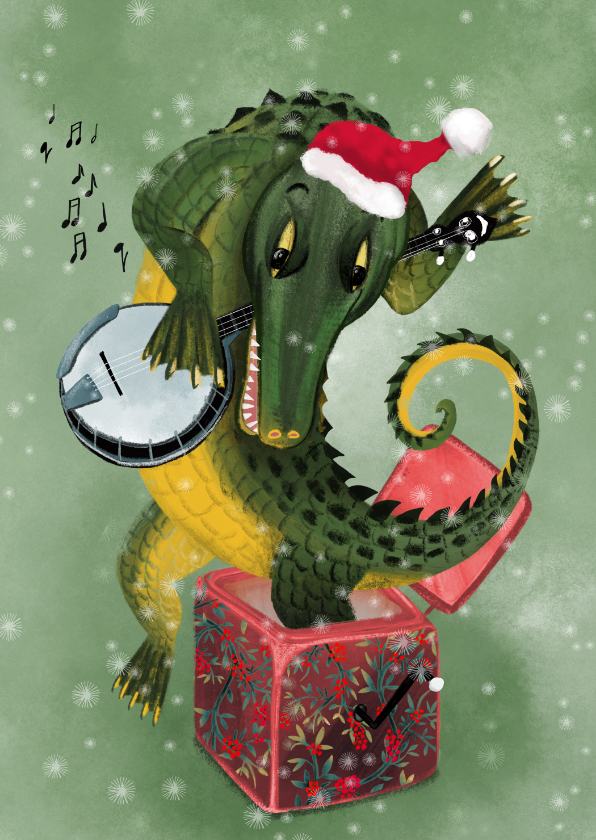 Kerstkaarten - Kerstkaart met krokodil op banjo die zingt