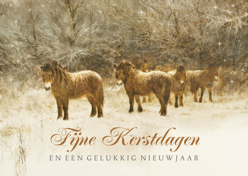 Kerstkaart met kudde paarden in winterlandschap - Kerstkaarten Kerstkaarten - Kerstkaart met kudde paarden in winterlandschap