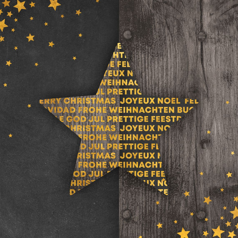Kerstkaart met meertalige ster en gouden sterren - Kerstkaarten Kerstkaarten - Kerstkaart met meertalige ster en gouden sterren