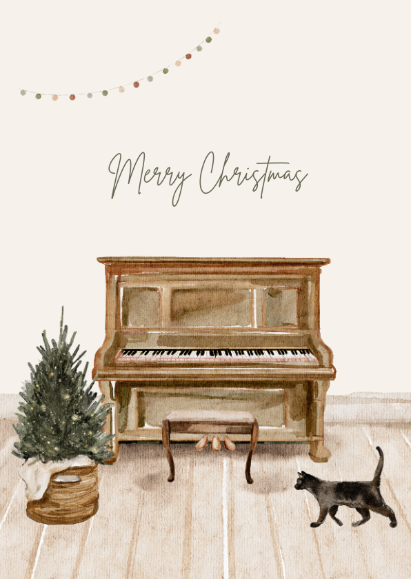 Kerstkaarten - Kerstkaart met piano kerstboom cadeautjes en kat