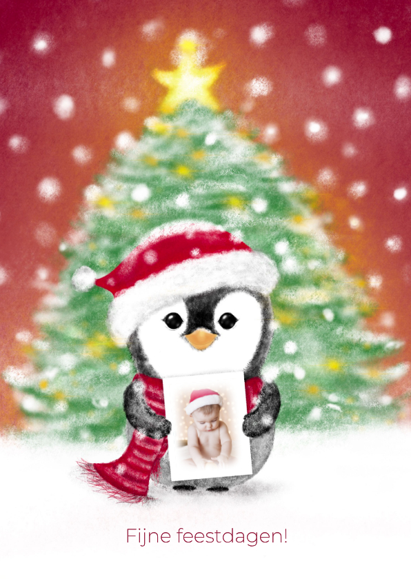 Kerstkaarten - Kerstkaart met pinguïn en eigen foto – lieve winterkaart met