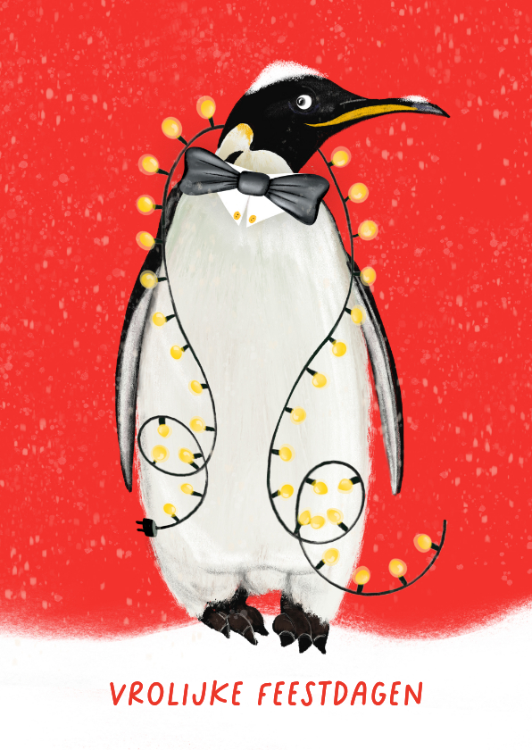 Kerstkaarten - Kerstkaart met pinguïn met kerstlichtjes