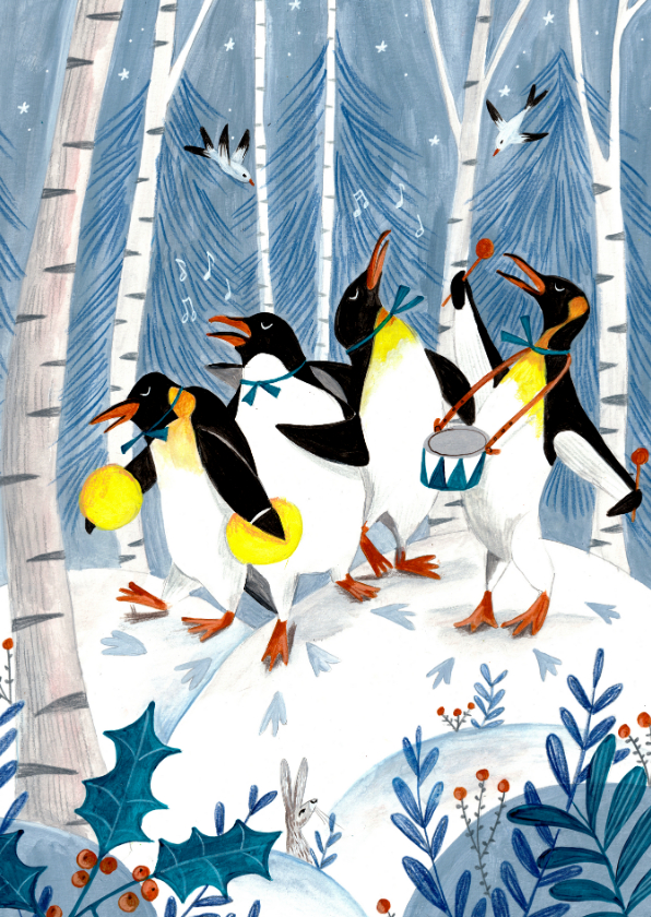Kerstkaarten - Kerstkaart met pinguïns muzikanten 