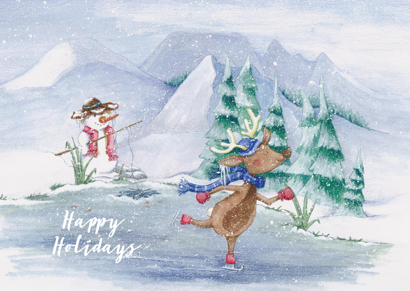 Kerstkaart met rendier op schaatsen - Kerstkaarten Kerstkaarten - Kerstkaart met rendier op schaatsen