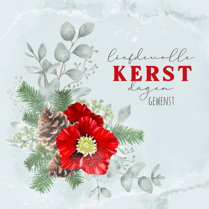 Kerstkaart met rode kerstroos en eucalyptus - Kerstkaarten Kerstkaarten - Kerstkaart met rode kerstroos en eucalyptus