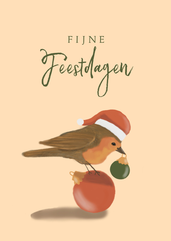 Kerstkaarten - Kerstkaart met roodborstje die op een kerstbal staat