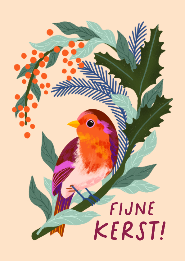 Kerstkaarten - Kerstkaart met roodborstje op kersttak