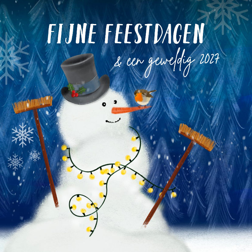Kerstkaarten - Kerstkaart met sneeuwpop en roodborstje in de sneeuw