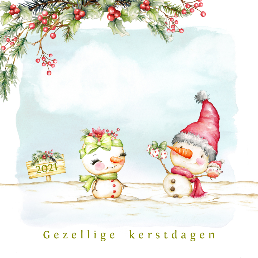 Kerstkaart met sneeuwpop man en vrouw - Kerstkaarten Kerstkaarten - Kerstkaart met sneeuwpop man en vrouw