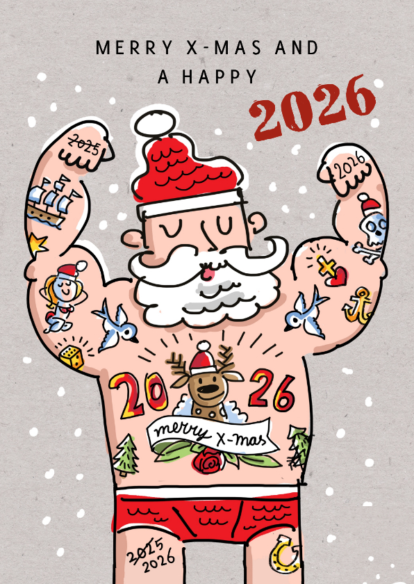 Kerstkaarten - Kerstkaart met tattoo kerstman