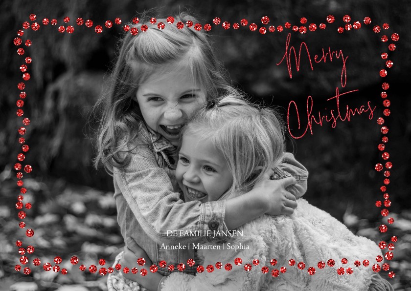 Kerstkaart met trendy rood in glitter strass steentjes - Kerstkaarten Kerstkaarten - Kerstkaart met trendy rood in glitter strass steentjes