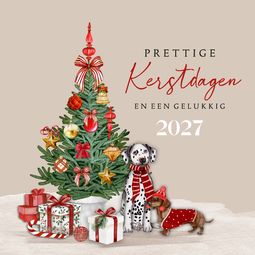 Kerstkaart met versierde kerstboom en hondjes - Kerstkaarten Kerstkaarten - Kerstkaart met versierde kerstboom en hondjes