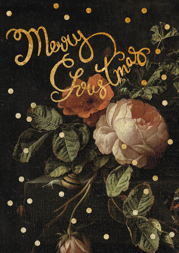 Kerstkaart met vintage bloemen en gouden stippen. - Kerstkaarten Kerstkaarten - Kerstkaart met vintage bloemen en gouden stippen.