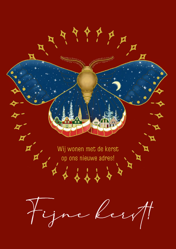 Kerstkaart met vlinder en huisjes op rood - Kerstkaarten Kerstkaarten - Kerstkaart met vlinder en huisjes op rood