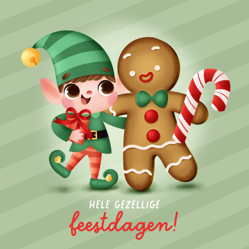 Kerstkaart met vrolijk kerstelfje en gemberkoek mannetje - Kerstkaarten Kerstkaarten - Kerstkaart met vrolijk kerstelfje en gemberkoek mannetje