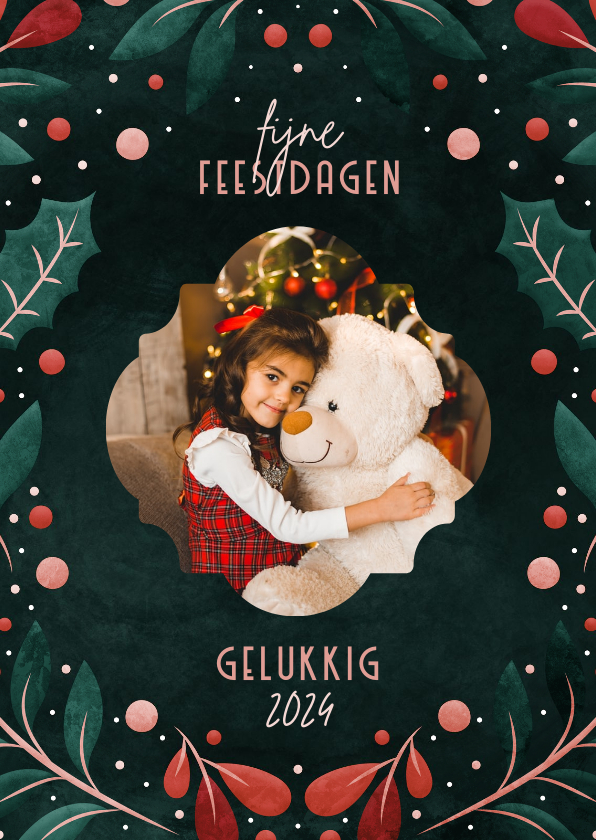 Kerstkaart met vrolijke blaadjes en foto - Kerstkaarten Kerstkaarten - Kerstkaart met vrolijke blaadjes en foto