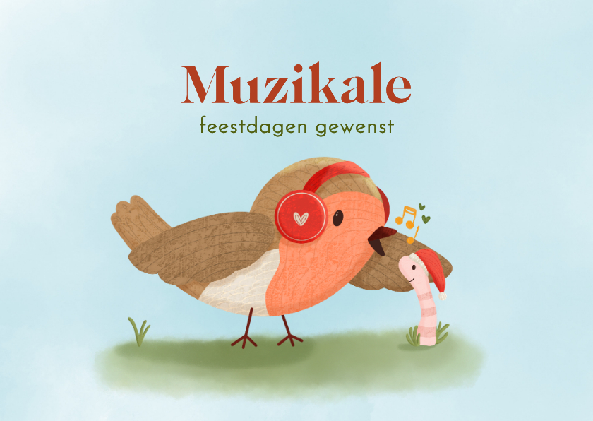Kerstkaarten - Kerstkaart met vrolijke illustratie van zingend roodborstje