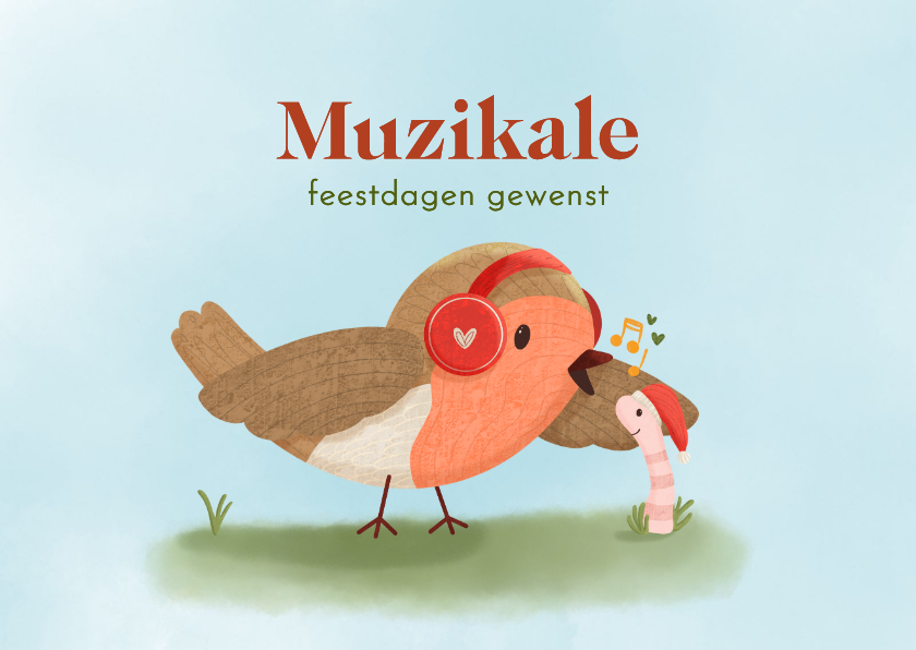 Kerstkaarten - Kerstkaart met vrolijke illustratie van zingend roodborstje