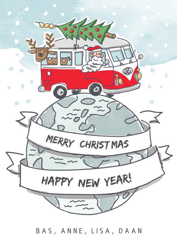 Kerstkaarten - Kerstkaart met vw busje rijdend over de wereldbol