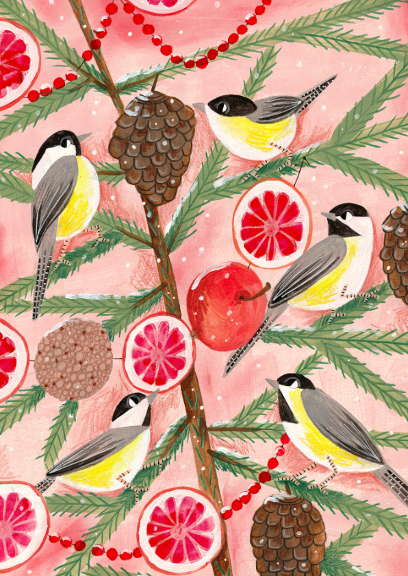 Kerstkaart mezen in een kerstboom - Kerstkaarten Kerstkaarten - Kerstkaart mezen in een kerstboom