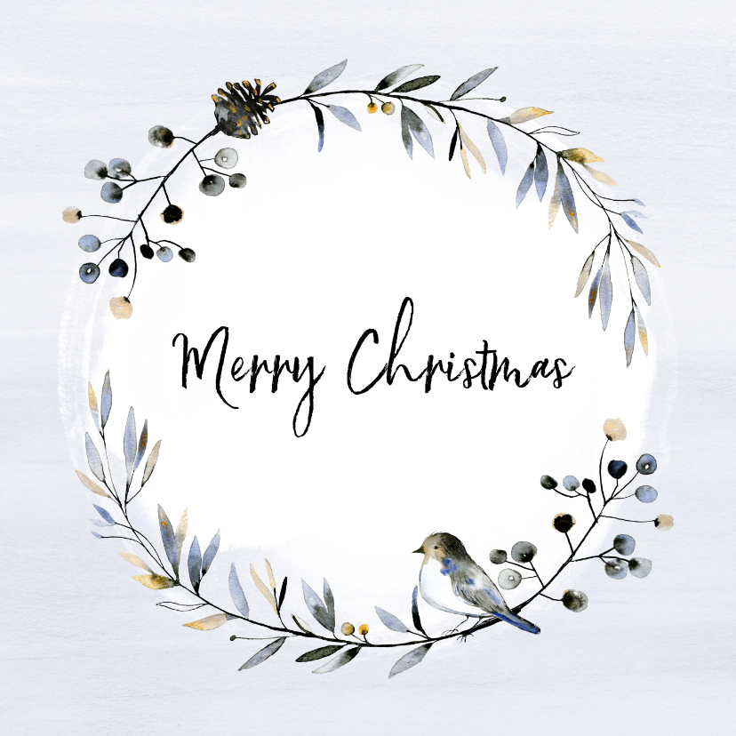 Kerstkaart mint takjeskrans met vogel - Kerstkaarten Kerstkaarten - Kerstkaart mint takjeskrans met vogel