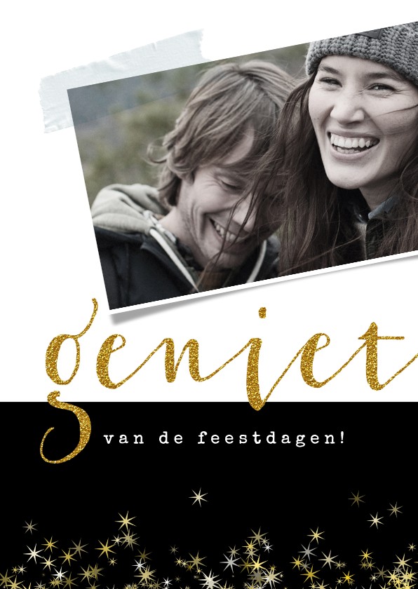 Kerstkaart modern, 'geniet' in goudlook - Kerstkaarten Kerstkaarten - Kerstkaart modern, 'geniet' in goudlook