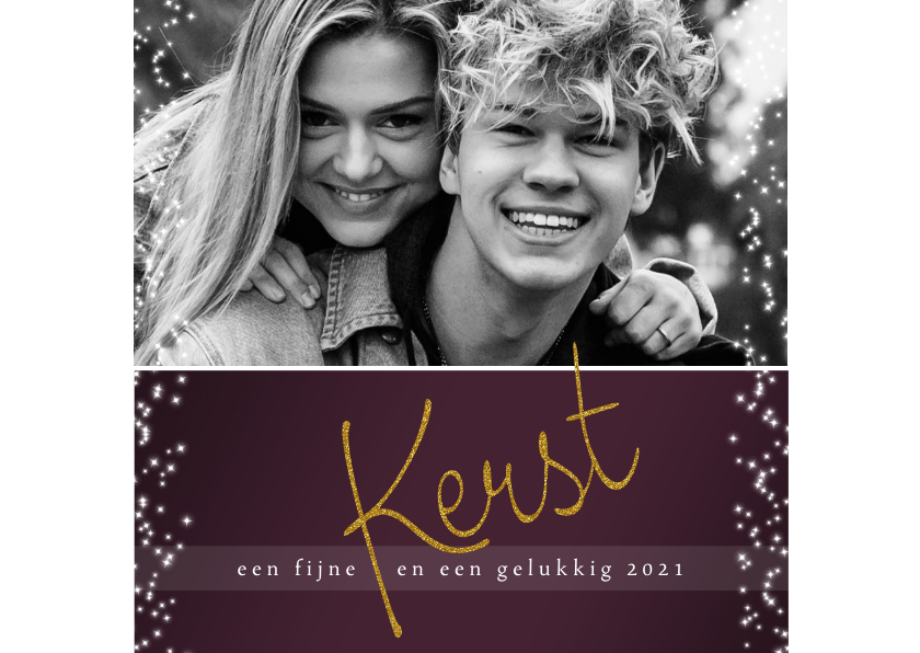 Kerstkaart modern, met foto sterretjes en tekst in goudlook - Kerstkaarten Kerstkaarten - Kerstkaart modern, met foto sterretjes en tekst in goudlook