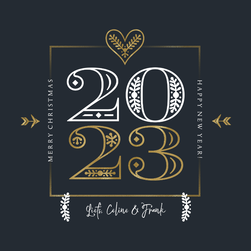 Kerstkaart modern typografisch 2023 retro hartje goud - Kerstkaarten Kerstkaarten - Kerstkaart modern typografisch 2023 retro hartje goud