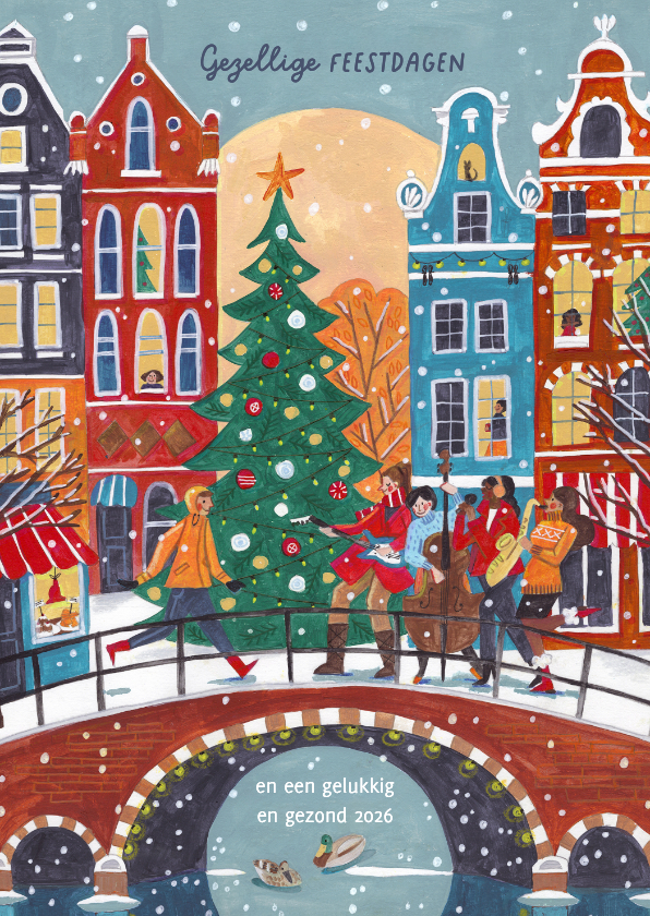 Kerstkaarten - Kerstkaart muziek in de stad Amsterdam in de sneeuw