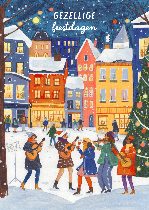 Kerstkaarten - Kerstkaart muziek in de stad in de sneeuw