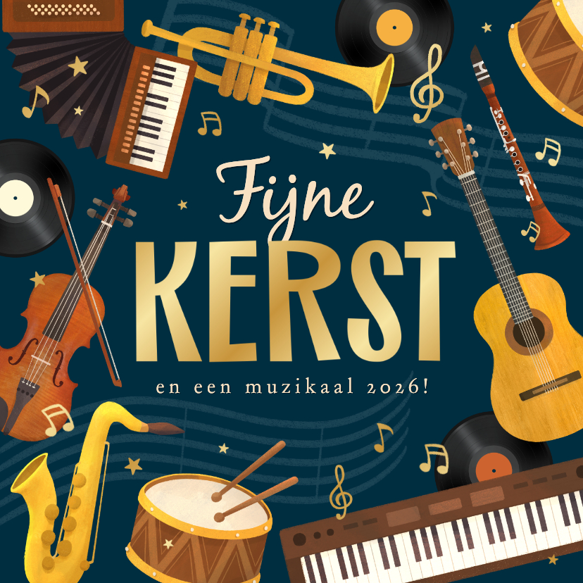 Kerstkaart muziek instrumenten kerst 2026 sterren - Kerstkaarten Kerstkaarten - Kerstkaart muziek instrumenten kerst 2026 sterren