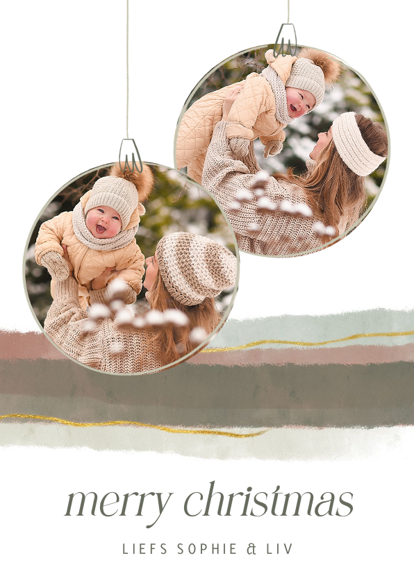 Kerstkaart natuurlijk waterverf twee kerstballen met foto - Kerstkaarten Kerstkaarten - Kerstkaart natuurlijk waterverf twee kerstballen met foto