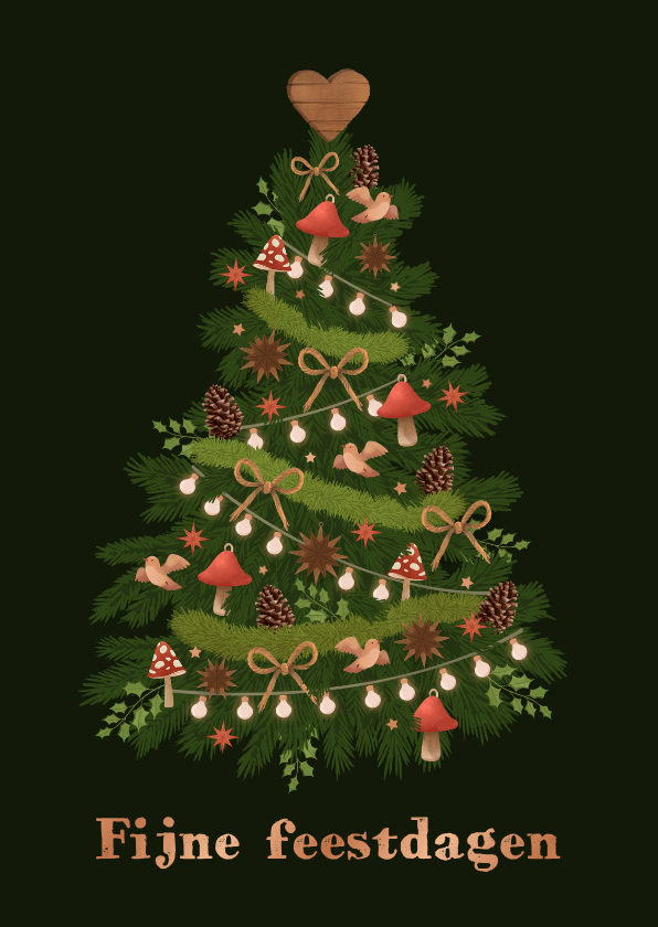 Kerstkaart natuurlijke kerstboom vogels paddestoelen lampjes - Kerstkaarten Kerstkaarten - Kerstkaart natuurlijke kerstboom vogels paddestoelen lampjes