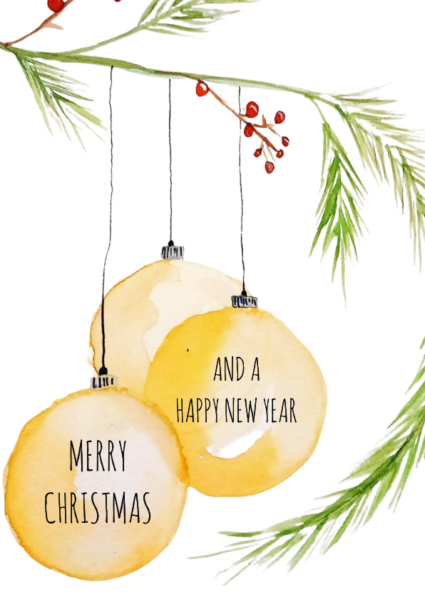 Kerstkaarten - Kerstkaart net 3 gele kerstballen