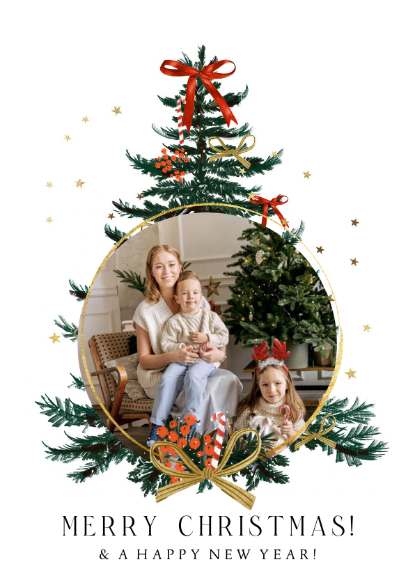 Kerstkaart nostalgisch kerstboom strikken goud sterren - Kerstkaarten Kerstkaarten - Kerstkaart nostalgisch kerstboom strikken goud sterren
