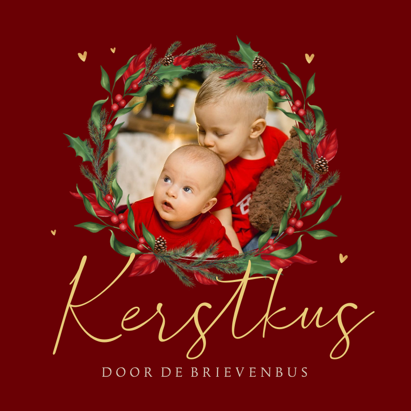 Kerstkaart nostalgisch kerstkus krans hartjes foto takjes - Kerstkaarten Kerstkaarten - Kerstkaart nostalgisch kerstkus krans hartjes foto takjes