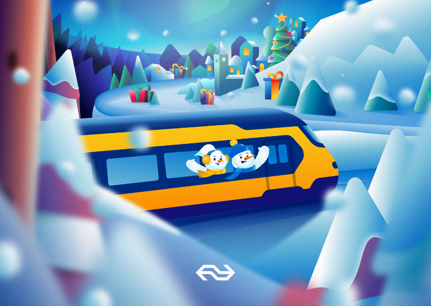 Kerstkaart NS Wintercity sneeuwpoppen in de trein rechthoek - Kerstkaarten Kerstkaarten - Kerstkaart NS Wintercity sneeuwpoppen in de trein rechthoek