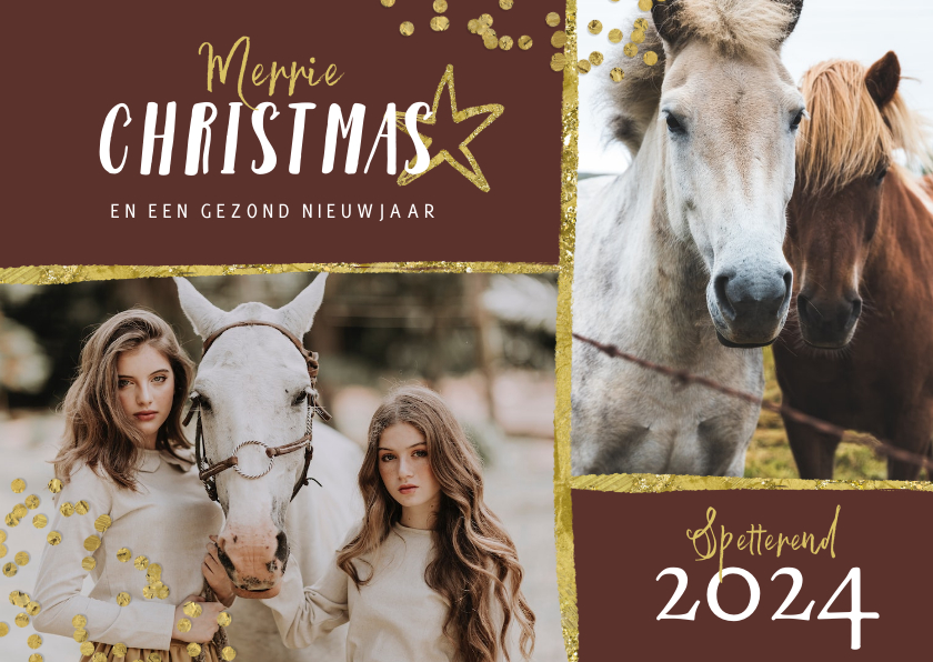 Kerstkaart paarden goud stijlvol manege sterren - Kerstkaarten Kerstkaarten - Kerstkaart paarden goud stijlvol manege sterren